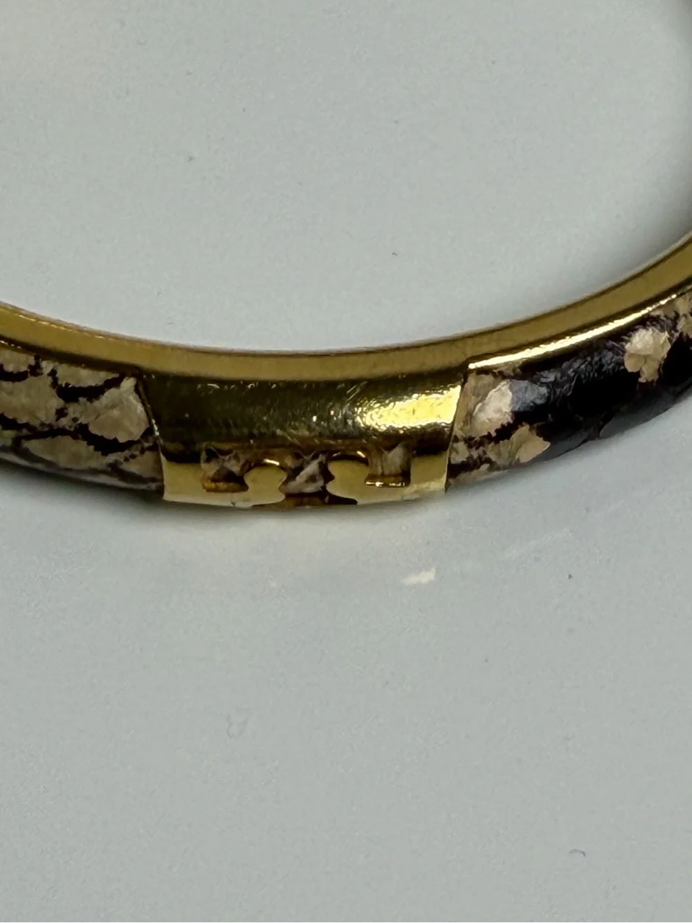 Tory Burch Women’s Leather Inlay Snake Print Gold Double T Bangle Bracelet
